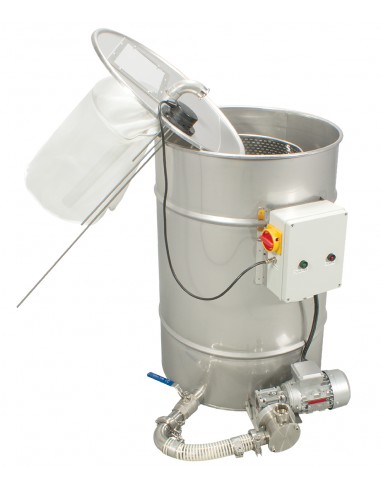 Odstojnik nierdzewny do filtrowania miodu na bazie beczki 200 l / ~280 kg z pompą 400V / 0,37kW, moduł wirnikowy