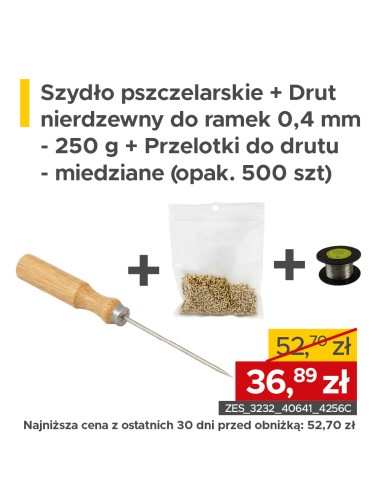 ZESTAW Szydło pszczelarskie + Drut nierdzewny do ramek 0,4 mm - 250 g + Przelotki do drutu - miedziane (opak. 500 szt)