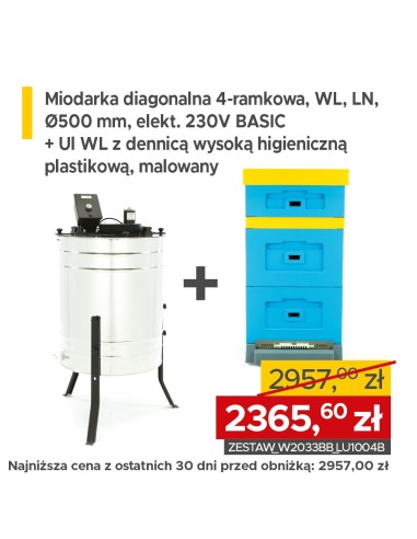 ZESTAW Miodarka diagonalna 4-ramkowa – BASIC + Ul wielkopolski z dennicą wysoką higieniczną plastikową, malowany