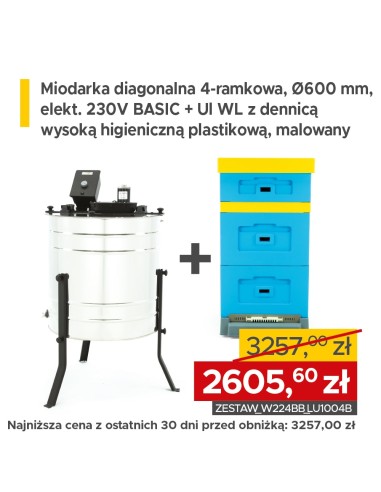 ZESTAW Miodarka diagonalna 4-ramkowa, uniwersalna, Ø600 mm, 230V – BASIC + Ul wielkopolski, malowany