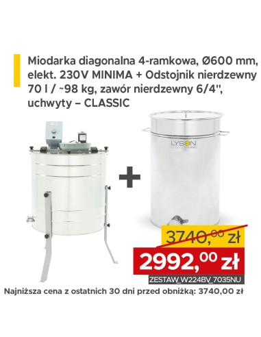 ZESTAW Miodarka diagonalna 4-ramkowa, uniwersalna, Ø600 mm, 230V – MINIMA  +  Odstojnik nierdzewny 70 l – CLASSIC