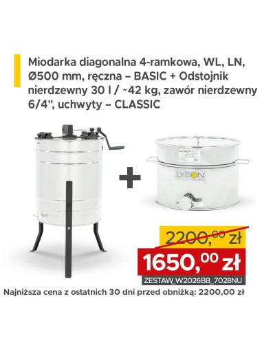 ZESTAW Miodarka diagonalna 4-ramkowa, Ramka: WL, LN, Ø500 mm, ręczna + Odstojnik nierdzewny 30 l