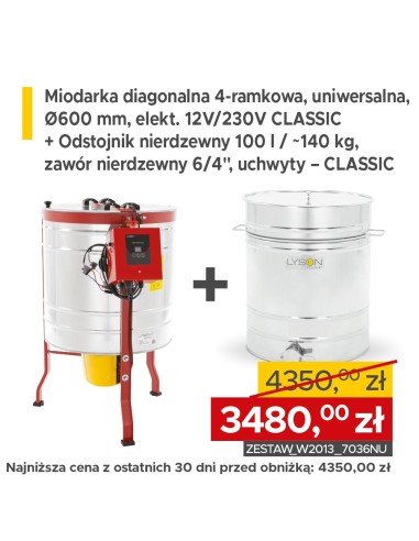 ZESTAW Miodarka diagonalna 4-ramkowa, uniwersalna, Ø600 mm, 12V/230V – CLASSIC + Odstojnik nierdzewny 100 l – CLASSIC