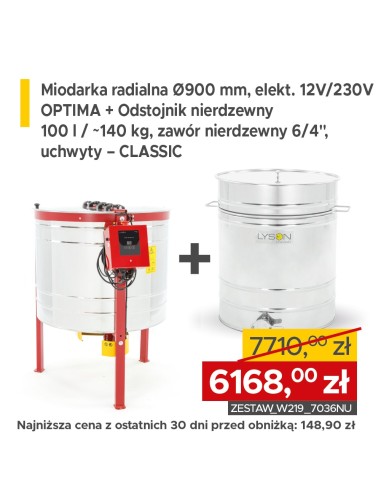 ZESTAW Miodarka radialna Ø900 mm, 12V/230V – OPTIMA + Odstojnik nierdzewny 100 l – CLASSIC