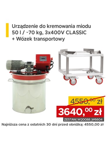 ZESTAW Urządzenie do kremowania miodu 3x400V – CLASSIC + Wózek transportowy do odstojników/urządzeń do kremowania 50 l, 70 l