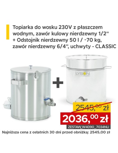 ZESTAW Topiarka do wytopu wosku 230V z płaszczem wodnym + Odstojnik nierdzewny 50 l / ~70 kg – CLASSIC