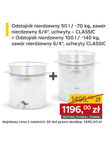 ZESTAW Odstojnik nierdzewny 50 l / ~70 kg, zawór nierdzewny +  Odstojnik nierdzewny 100 l / ~140 kg, zawór nierdzewny